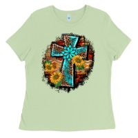 Western Turquoise's Leopard Cross  Wooden Aztek Sunflowers Background Ladies Tee | Teevron