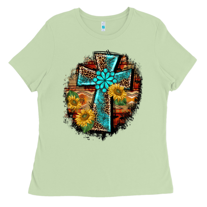 Western Turquoise's Leopard Cross  Wooden Aztek Sunflowers Background Ladies Tee by BarkalooDesign | Teevron