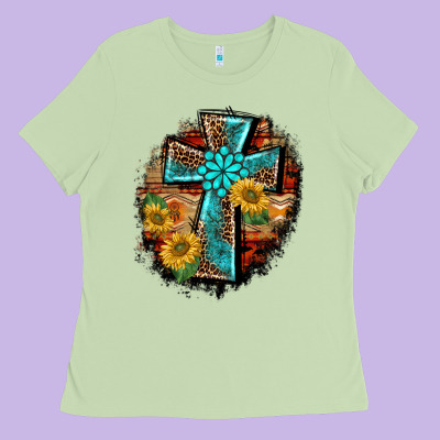Western Turquoise's Leopard Cross  Wooden Aztek Sunflowers Background Ladies Tee Designed By Barkaloodesign
