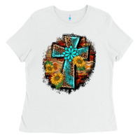 White western turquoise's leopard cross  wooden aztek sunflowers background Ladies Tee - BarkalooDesign