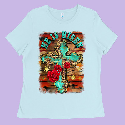 He Is Risen Cross With Roses Background Ladies Tee Designed By Barkaloodesign