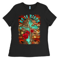 Black he is risen cross with roses background Ladies Tee - BarkalooDesign