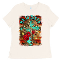 Bone he is risen cross with roses background Ladies Tee - BarkalooDesign