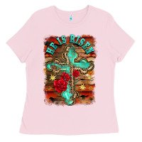 Bubblegum Pink he is risen cross with roses background Ladies Tee - BarkalooDesign