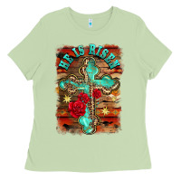 Matcha he is risen cross with roses background Ladies Tee - BarkalooDesign