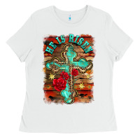 White he is risen cross with roses background Ladies Tee - BarkalooDesign