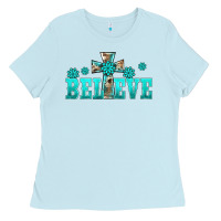 Baby Blue western turquoise's gemstones cross believe Ladies Tee - BarkalooDesign