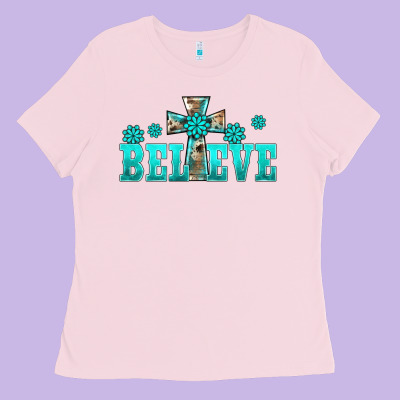Western Turquoise's Gemstones Cross Believe Ladies Tee Designed By Barkaloodesign