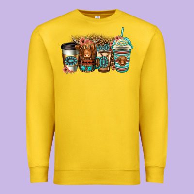Serape Floral Longhaired Cow Coffee Cups Premium Sweatshirt Designed By Jasminsmagicworld