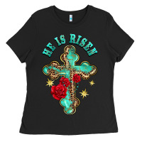 Black he is risen cross with roses Ladies Tee - BarkalooDesign