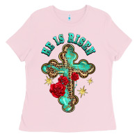 Bubblegum Pink he is risen cross with roses Ladies Tee - BarkalooDesign