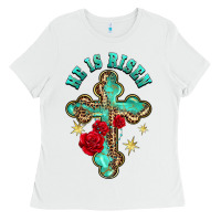 White he is risen cross with roses Ladies Tee - BarkalooDesign