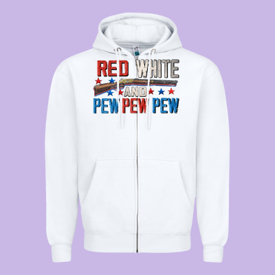Red White And Pew Pew Pew Zipper Hoodie Designed By Cowgirlartshop