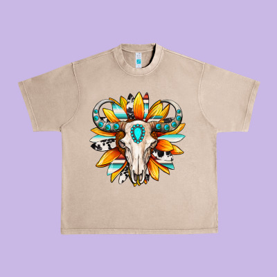 Urban Heavy Tee Western bull skull sunflower
