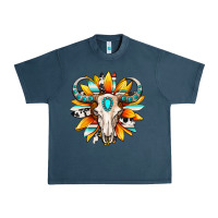 Midnight Navy Western bull skull sunflower Urban Heavy Tee - MaliasSmallBusiness