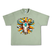 Oil Green Western bull skull sunflower Urban Heavy Tee - MaliasSmallBusiness
