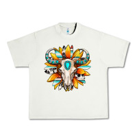 Pistachio Western bull skull sunflower Urban Heavy Tee - MaliasSmallBusiness
