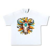 White Western bull skull sunflower Urban Heavy Tee - MaliasSmallBusiness