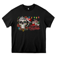 Black Merry Christmas  skull Heavy Core Tee - CowhideDigitalArt