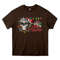 Chocolate Brown Merry Christmas  skull Heavy Core Tee - CowhideDigitalArt