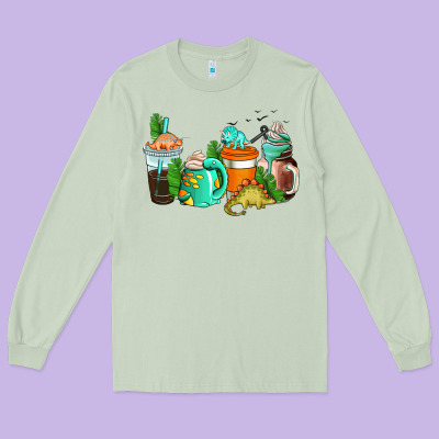 Dinosaur Coffee Cups Long Sleeve Tee Designed By Adodesignshop
