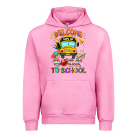 Fuchsia Pink welcome back to school with school bus Urban Hoodie - NancyCooperArtShop