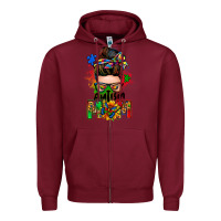 Burgundy autism mom messy bun Zipper Hoodie - Zillion Design Studio