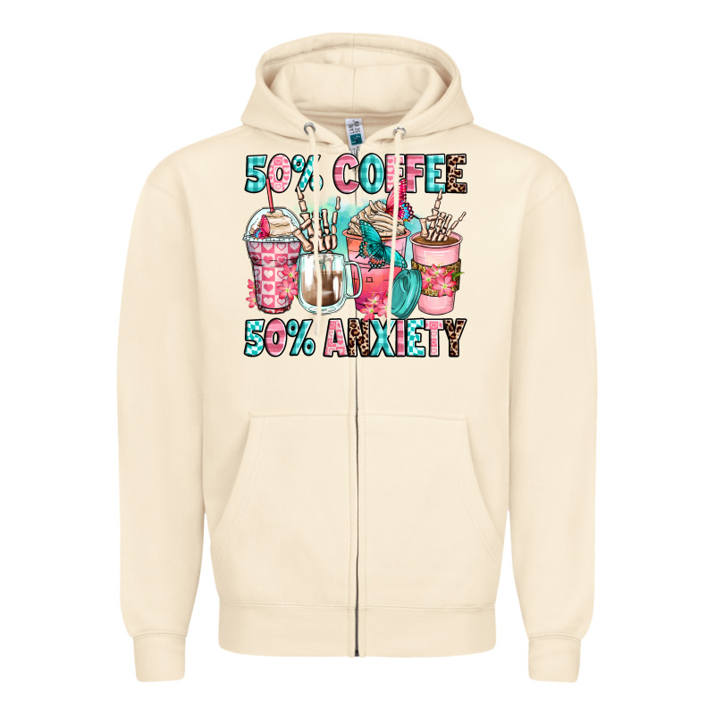 50 Coffee 50 Anxiety Coffee Cups Zipper Hoodie by Zillion Design Studio | Teevron