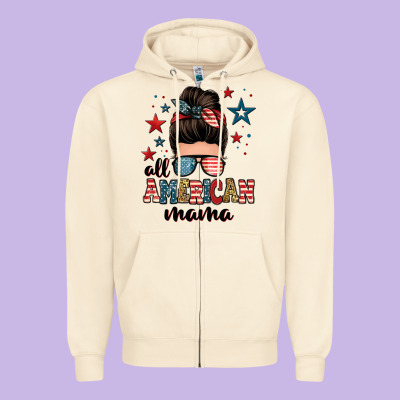 All American Mama Messy Bun Zipper Hoodie Designed By Zillion Design Studio