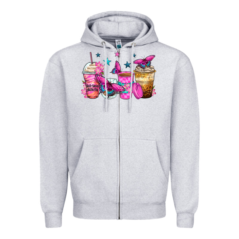 Antisocial Butterfly Coffee Cups Zipper Hoodie by Zillion Design Studio | Teevron