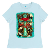 Baby Blue cross faith background Ladies Tee - BarkalooDesign