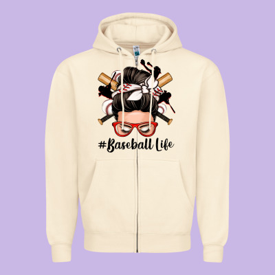 Baseball Life Messy Bun Zipper Hoodie Designed By Zillion Design Studio