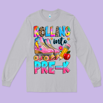 Rolling Into Pre K Grade Long Sleeve Tee Designed By Texasbilliewilder