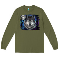 Army Green wolf and full moon Long Sleeve Tee - RanaPortraitStore