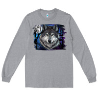 Heather Grey wolf and full moon Long Sleeve Tee - RanaPortraitStore