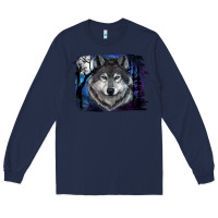 Navy wolf and full moon Long Sleeve Tee - RanaPortraitStore