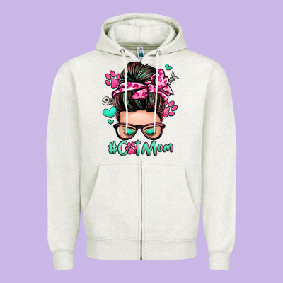 Cat Mom Messy Bun Zipper Hoodie Designed By Zillion Design Studio