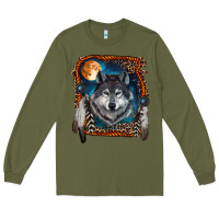 Army Green wolf and feathers Long Sleeve Tee - RanaPortraitStore