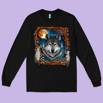 Wolf And Feathers Long Sleeve Tee Designed By Ranaportraitstore