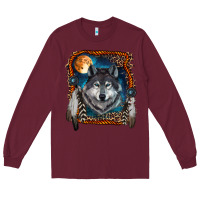 Burgundy wolf and feathers Long Sleeve Tee - RanaPortraitStore