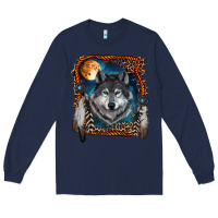 Navy wolf and feathers Long Sleeve Tee - RanaPortraitStore