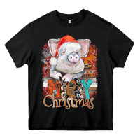 Black merry Christmas pig Heavy Core Tee - CowhideDigitalArt