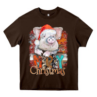 Chocolate Brown merry Christmas pig Heavy Core Tee - CowhideDigitalArt