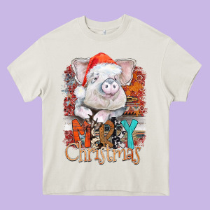 Merry Christmas Pig Heavy Core Tee Designed By Cowhidedigitalart