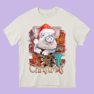Merry Christmas Pig Heavy Core Tee Designed By Cowhidedigitalart