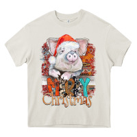 Cream merry Christmas pig Heavy Core Tee - CowhideDigitalArt