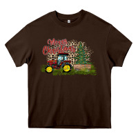 Chocolate Brown merry Christmas tractor tree Heavy Core Tee - CowhideDigitalArt