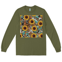Army Green western sunflowers turquoise cowhide seamless background Long Sleeve Tee - RanaPortraitStore