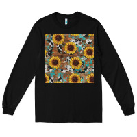 Black western sunflowers turquoise cowhide seamless background Long Sleeve Tee - RanaPortraitStore