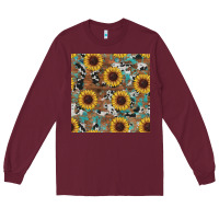 Burgundy western sunflowers turquoise cowhide seamless background Long Sleeve Tee - RanaPortraitStore